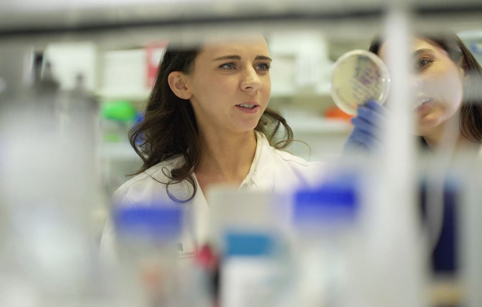 A scientist examining a Petri dish in the lab