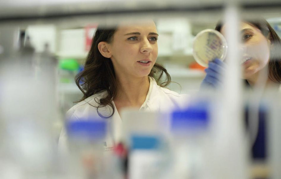 A scientist examining a Petri dish in the lab